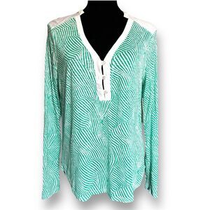 Paradise Long Sleeve Tiffany Green Blouse Three Button Front Size Medium